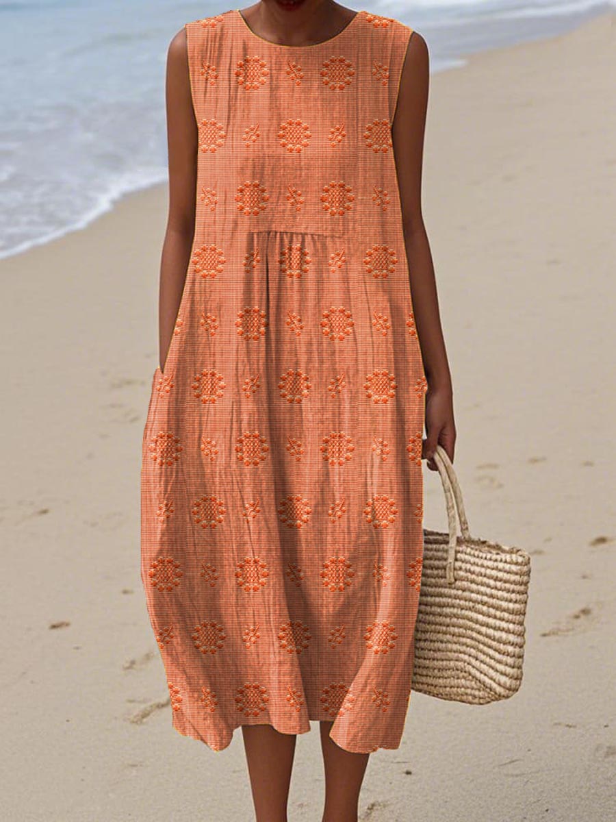 Maria Sleeveless Textured Midi Dress with Pockets