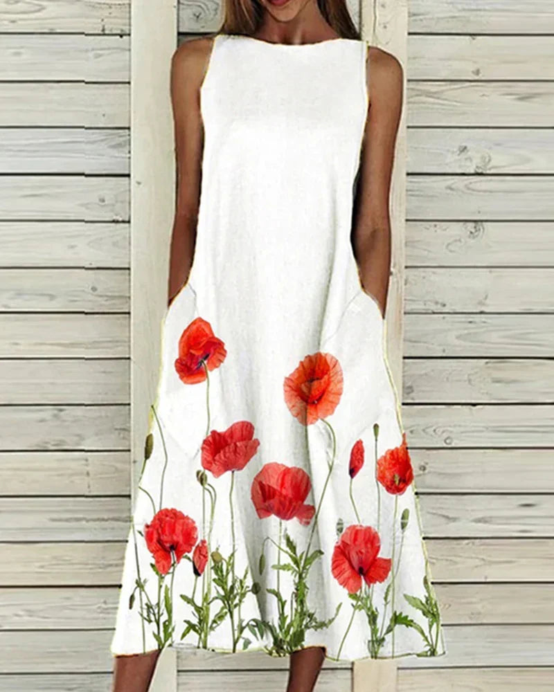 Barbara Sleeveless Crew Neck Floral Midi Dress