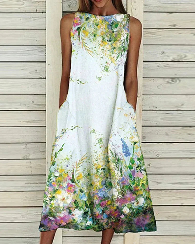 Barbara Sleeveless Crew Neck Floral Midi Dress