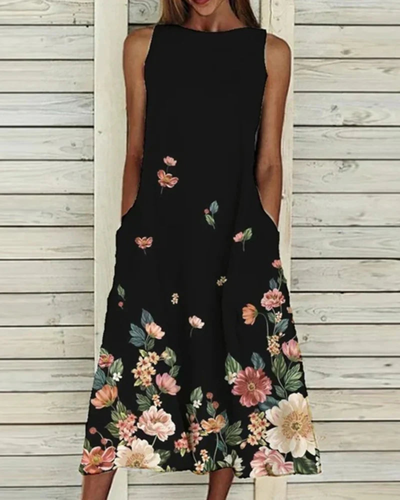 Barbara Sleeveless Crew Neck Floral Midi Dress