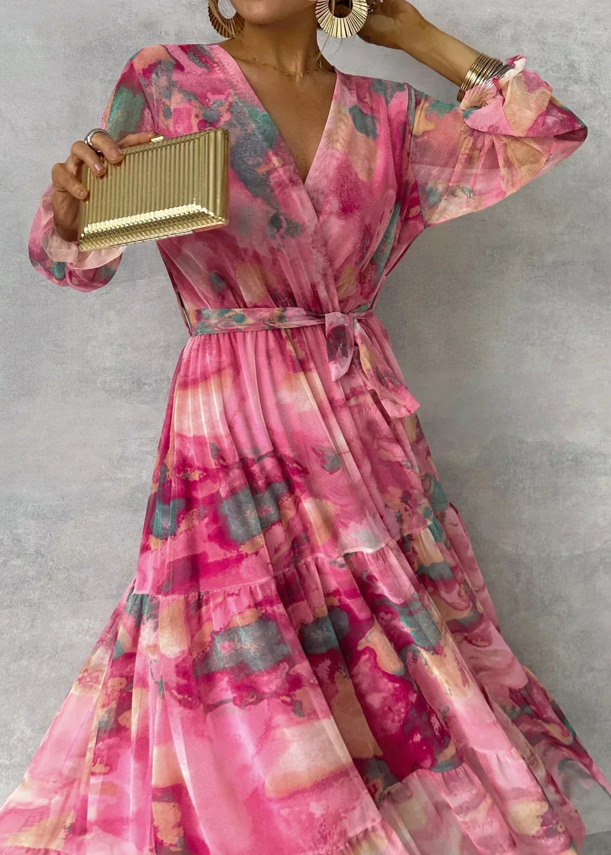 Susanne Belted Pleated Floral Maxi Dress