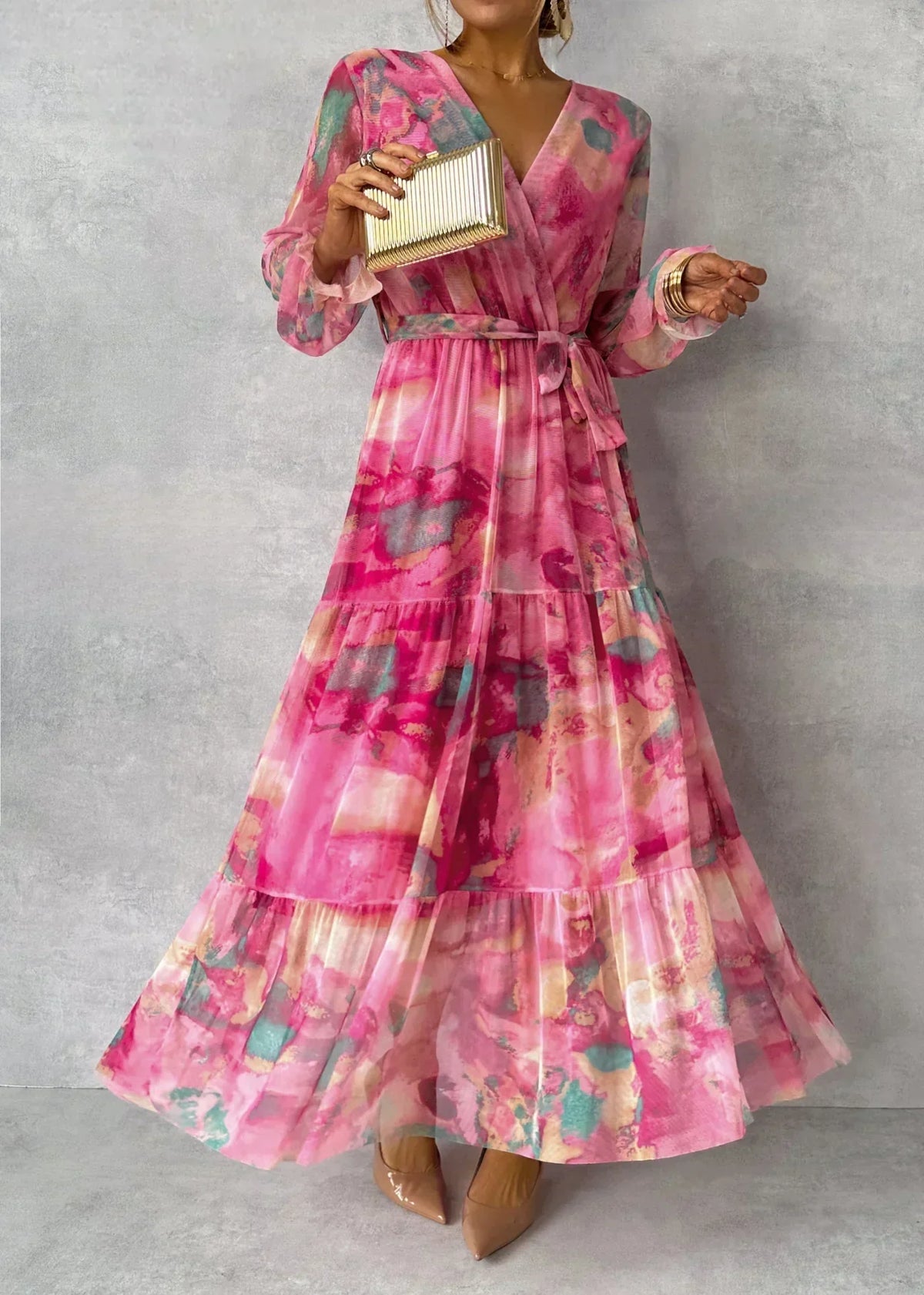 Susanne Belted Pleated Floral Maxi Dress