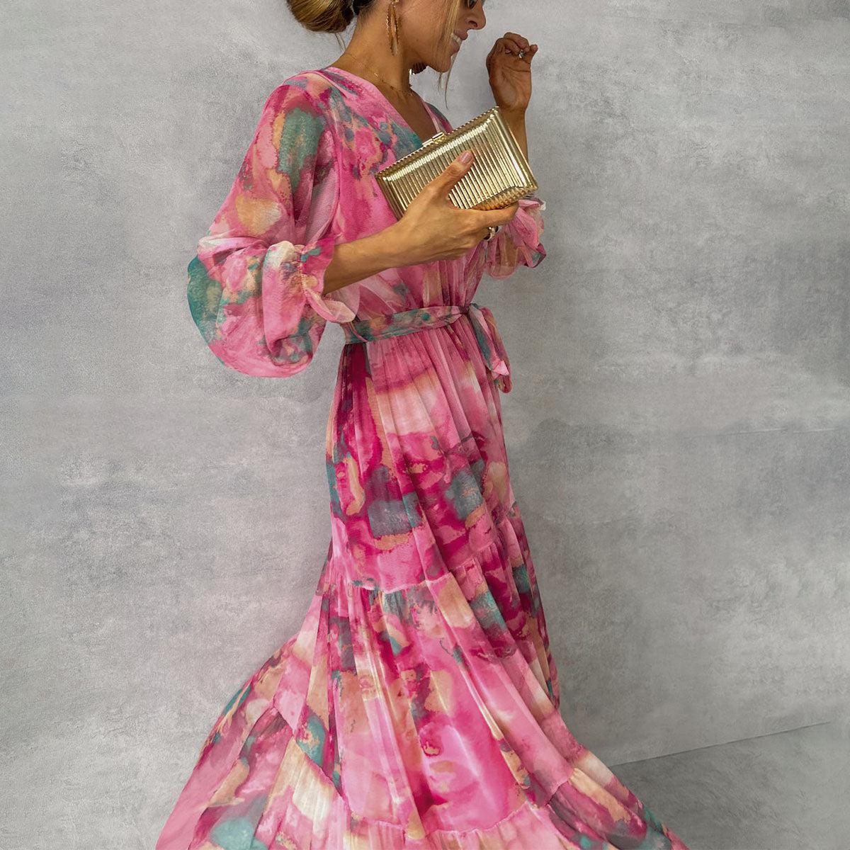 Susanne Belted Pleated Floral Maxi Dress