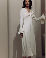 Pearl Button Ruffle Midi Dress