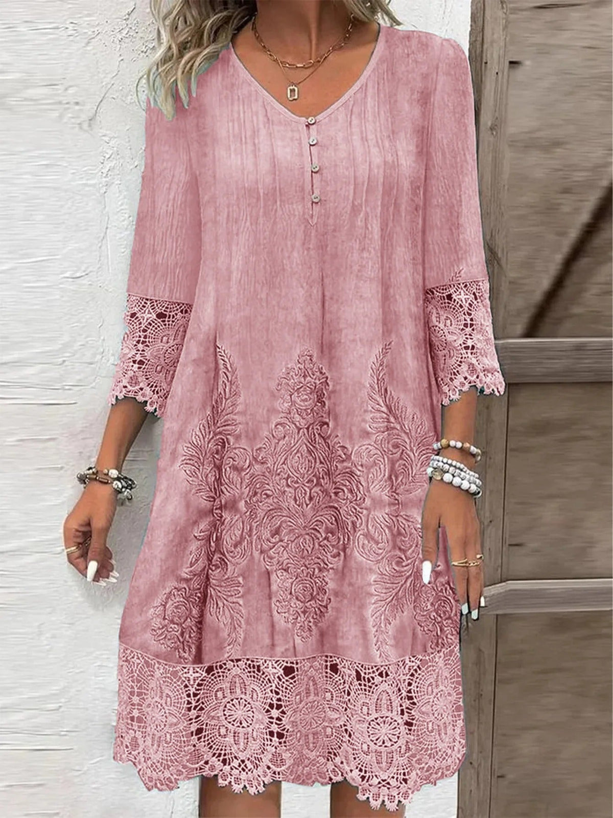 Nora Boho Floral Tunic Dress with Lace Sleeves