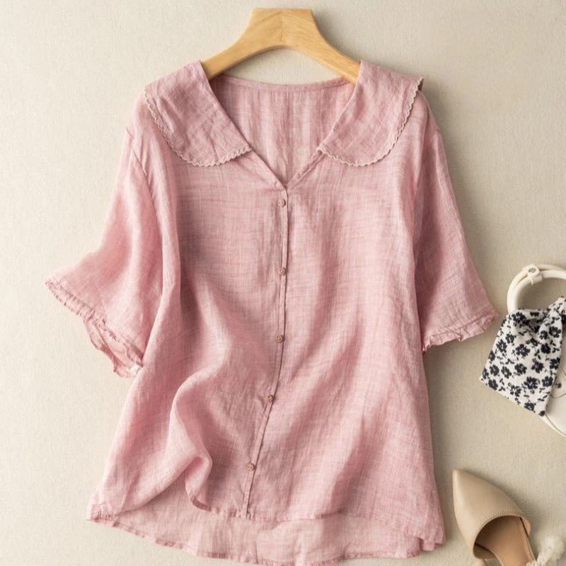 Greta Short-Sleeve Button-Placket Top