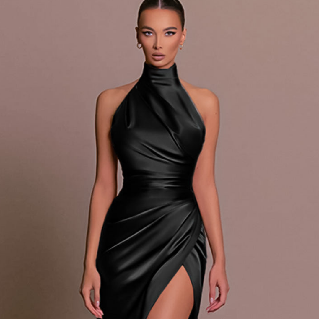 Edith High-Neck Ruched Wedding Guest Dress