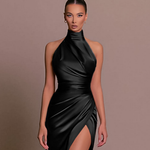 Edith High-Neck Ruched Wedding Guest Dress