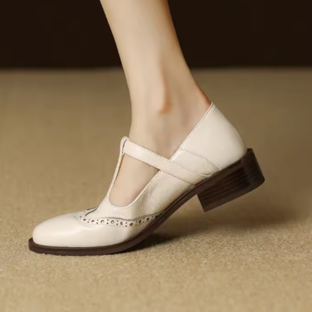 Nadine | Leather T-Strap Low Block Heel Mary Janes