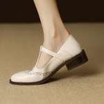 Nadine | Leather T-Strap Low Block Heel Mary Janes