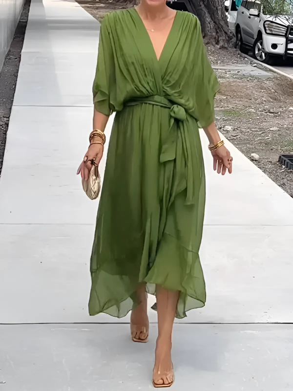 Helga Tie-Waist Midi Dress with Flutter Sleeves