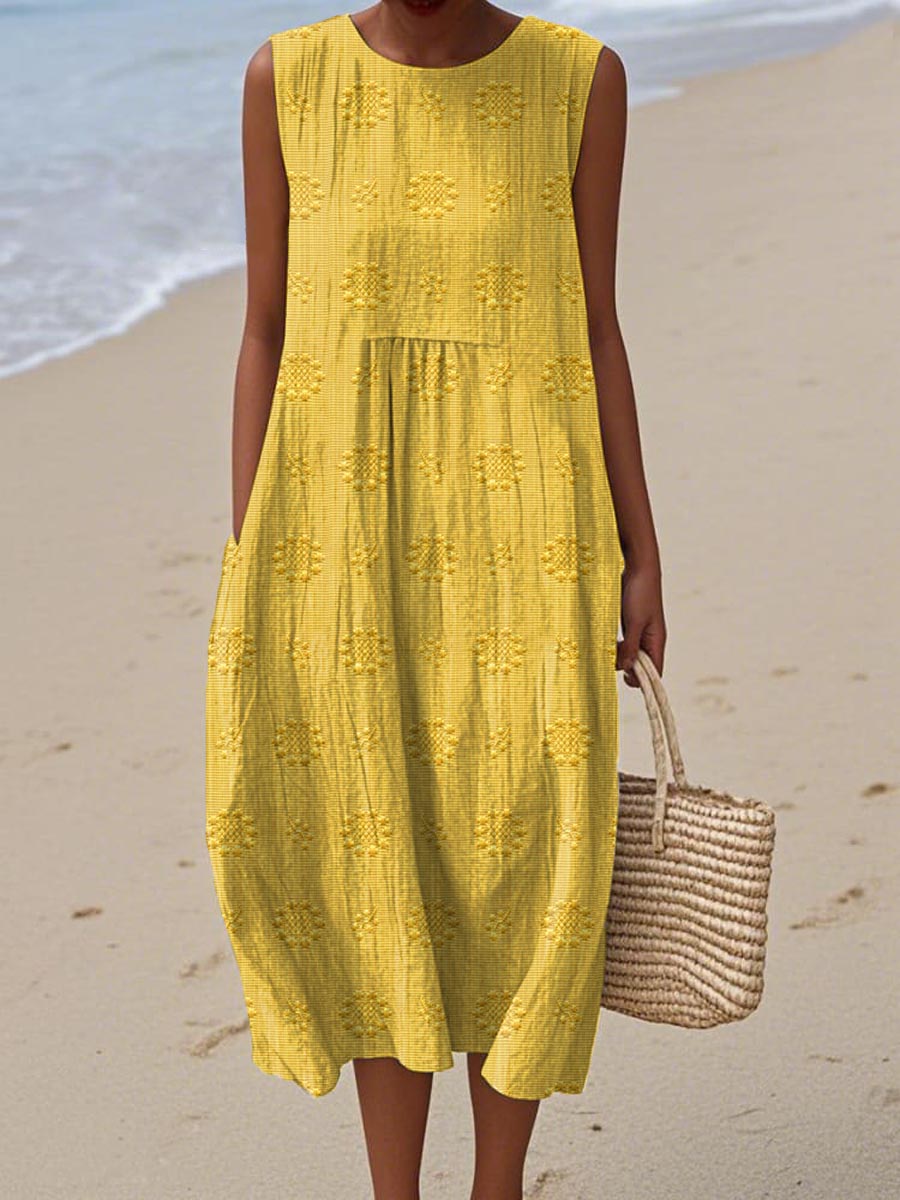 Maria Sleeveless Textured Midi Dress with Pockets