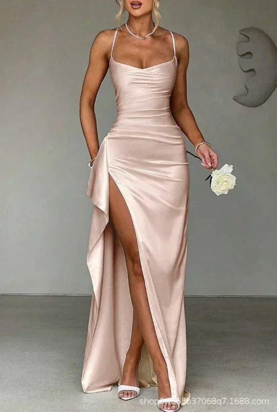 Mia Ruched Sweetheart Bodycon Satin Maxi Dress with Slit