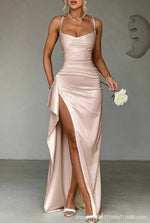 Mia Ruched Sweetheart Bodycon Satin Maxi Dress with Slit