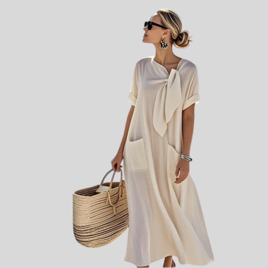 Elisa Relaxed Tie-Neck Midi Dress with Pockets