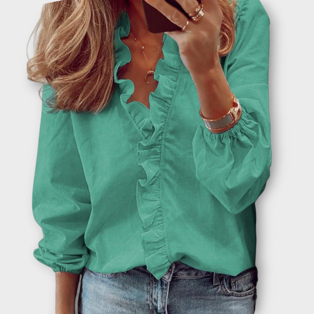 Karla Ruffled V-Neck Long Sleeve Blouse