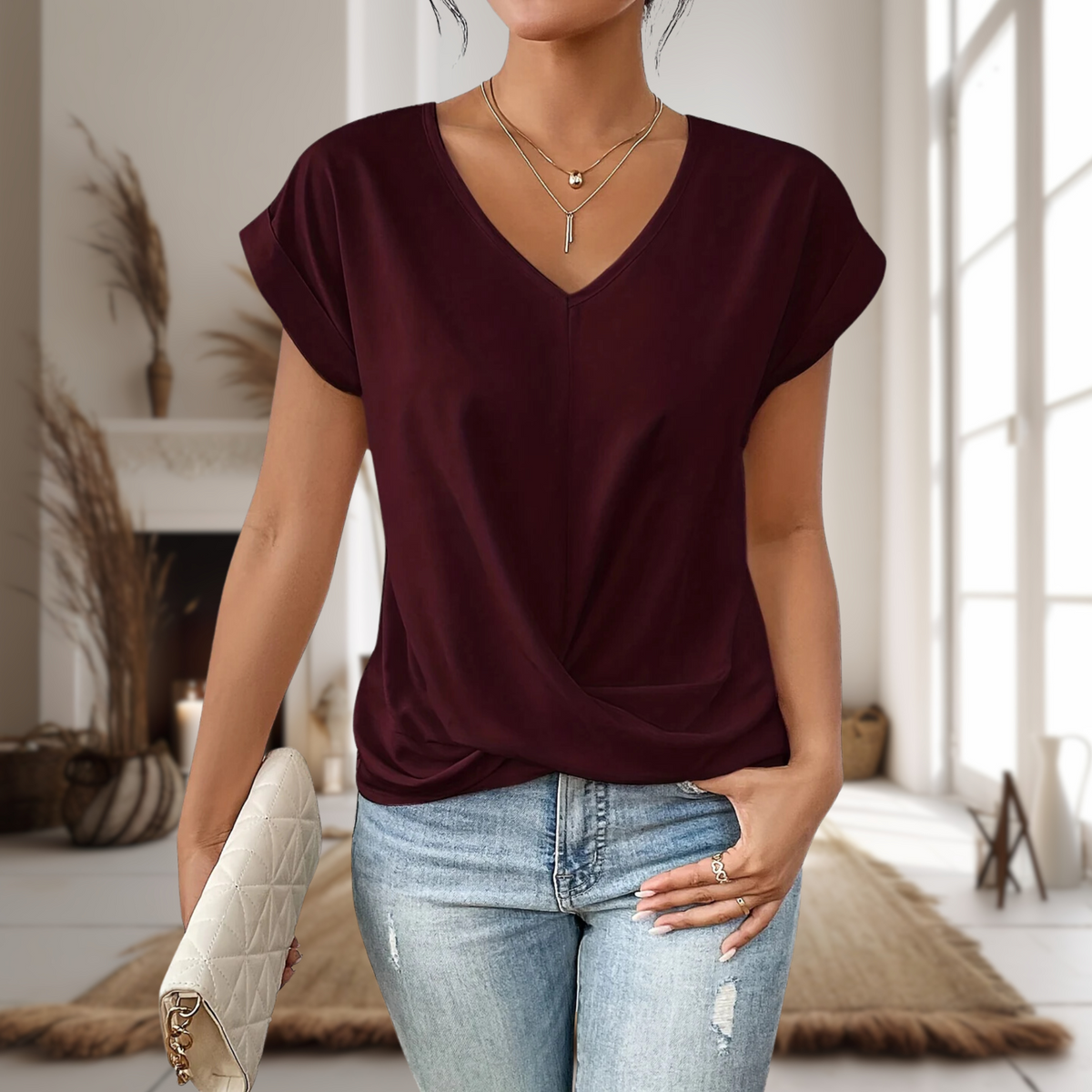 Elfriede V-Neck Twist Hem Blouse
