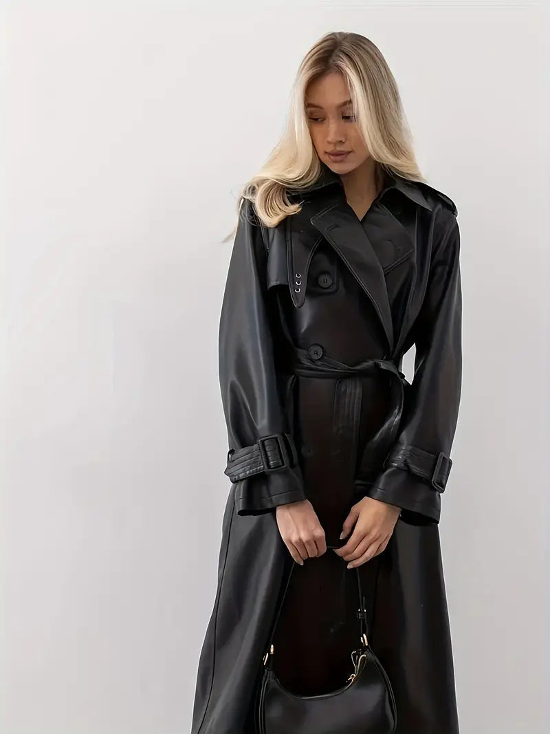 Edith Belted Long Faux Leather Trench Coat