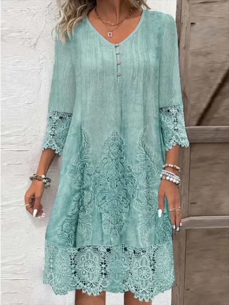 Nora Boho Floral Tunic Dress with Lace Sleeves