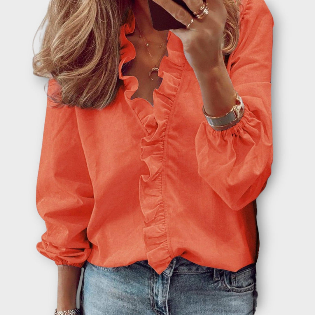 Karla Ruffled V-Neck Long Sleeve Blouse