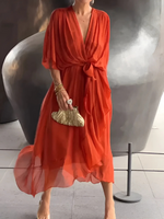 Helga Tie-Waist Midi Dress with Flutter Sleeves