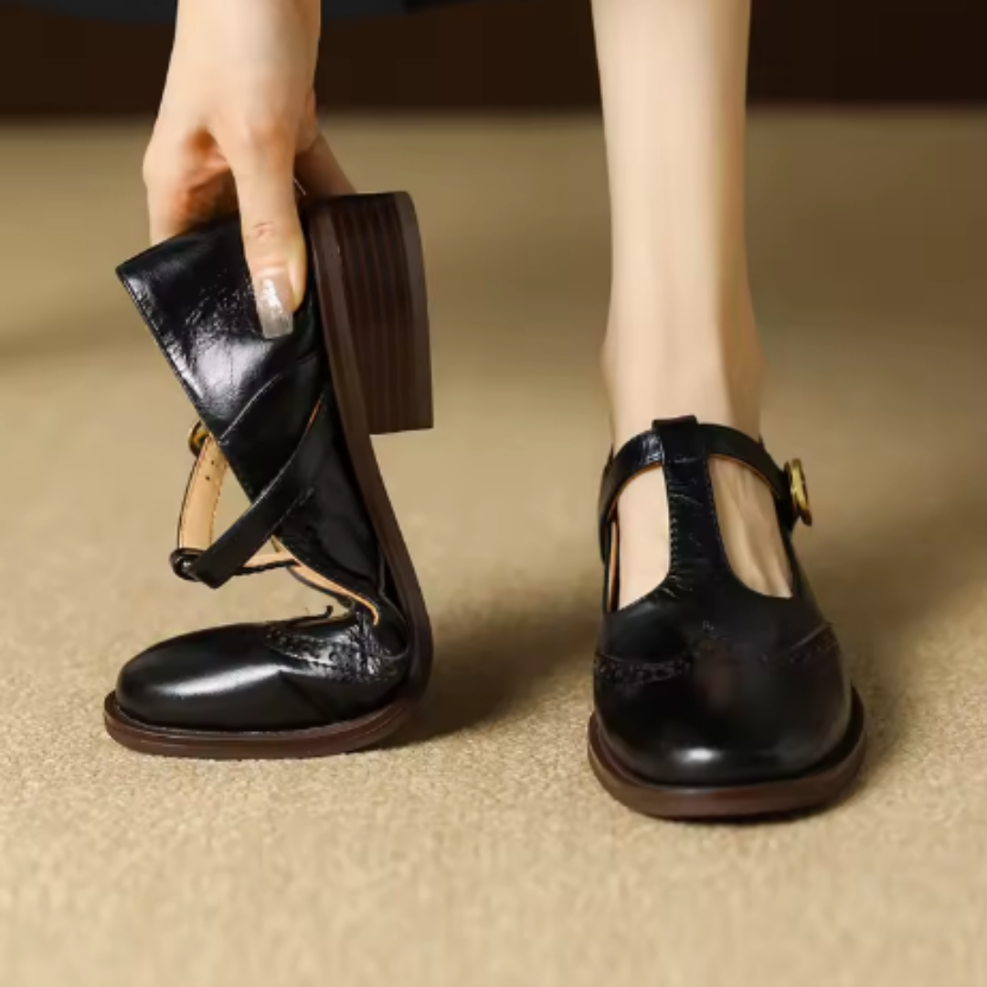Nadine | Leather T-Strap Low Block Heel Mary Janes