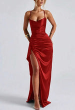 Mia Ruched Sweetheart Bodycon Satin Maxi Dress with Slit