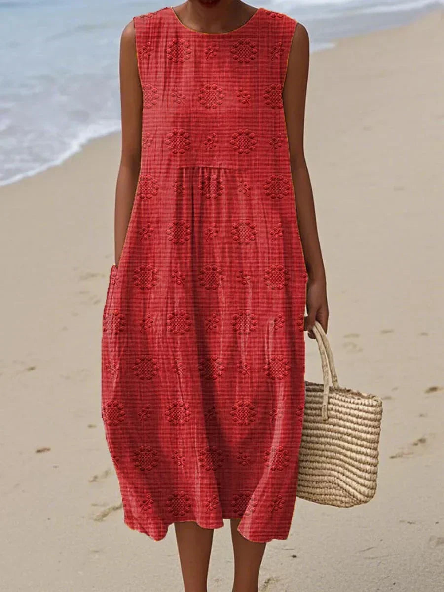 Maria Sleeveless Textured Midi Dress with Pockets