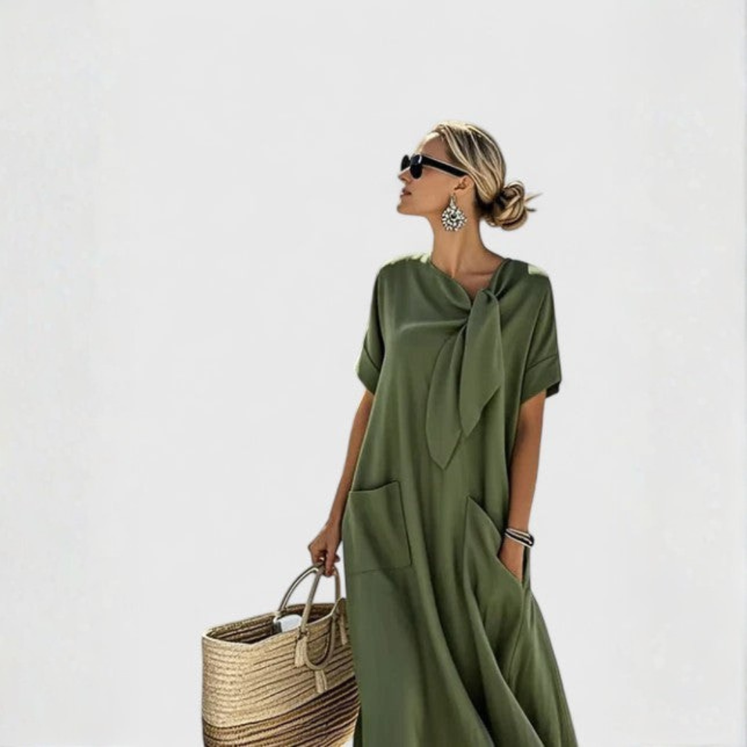 Elisa Relaxed Tie-Neck Midi Dress with Pockets