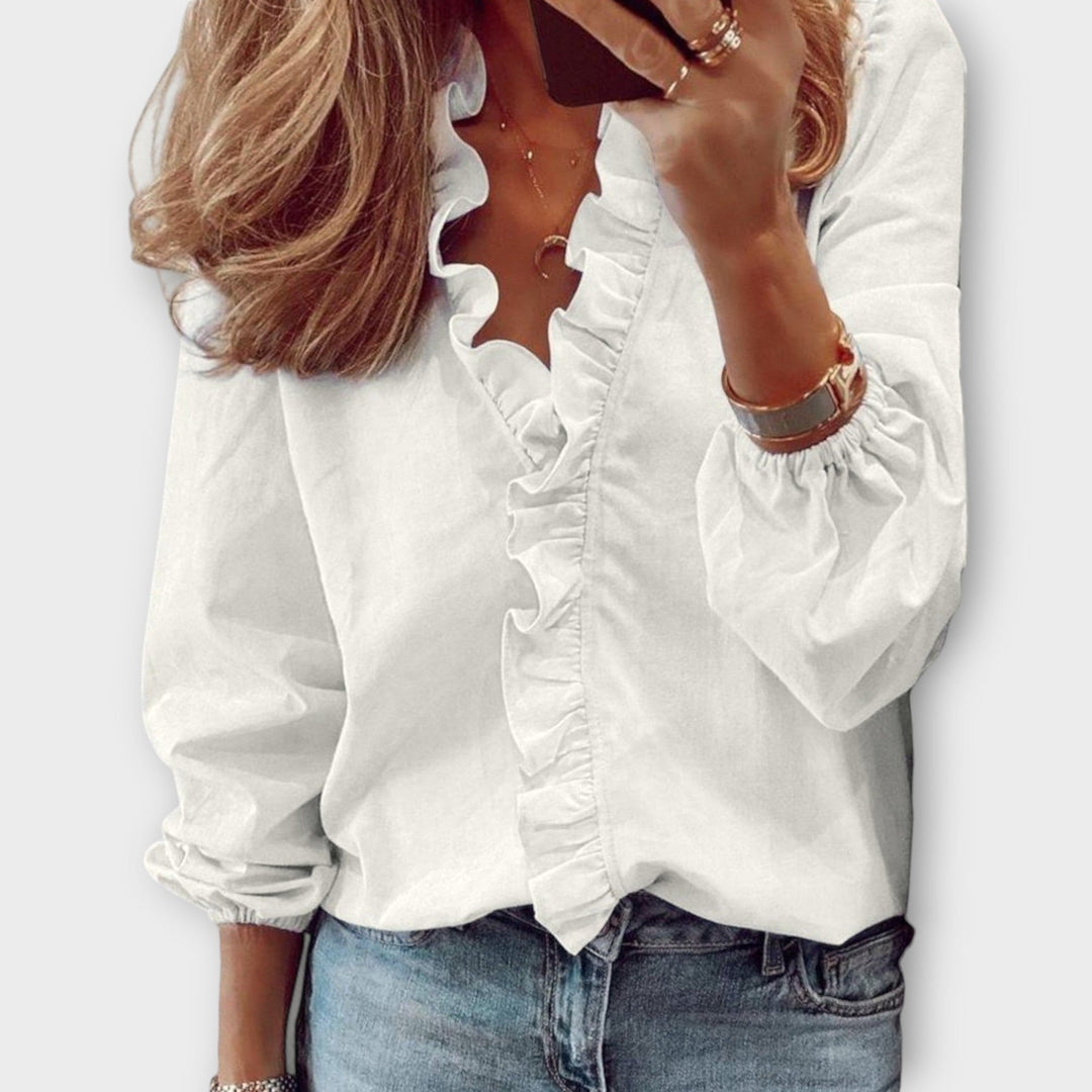 Karla Ruffled V-Neck Long Sleeve Blouse