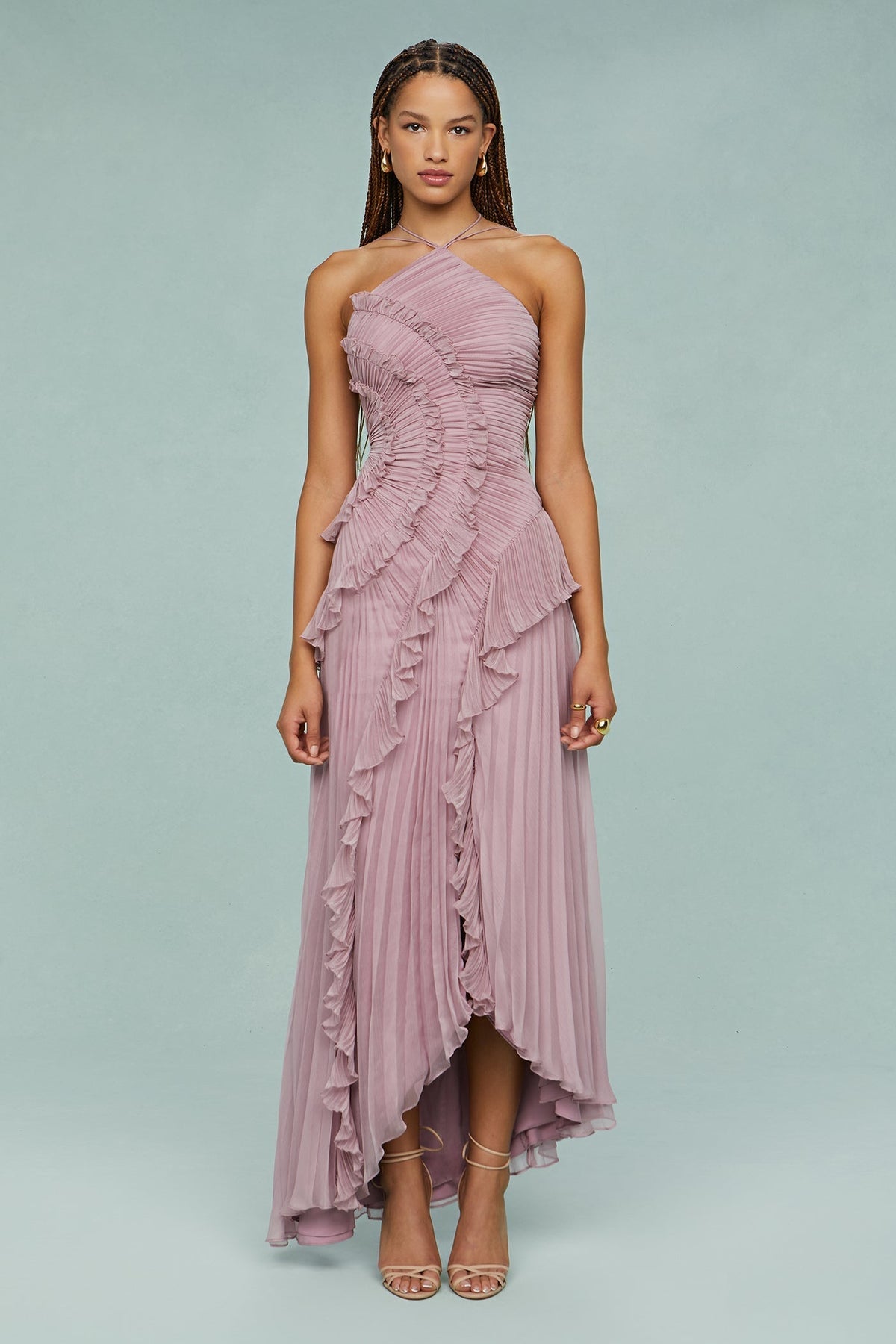 Elfriede Pleated Ruffle Halter Midi Dress