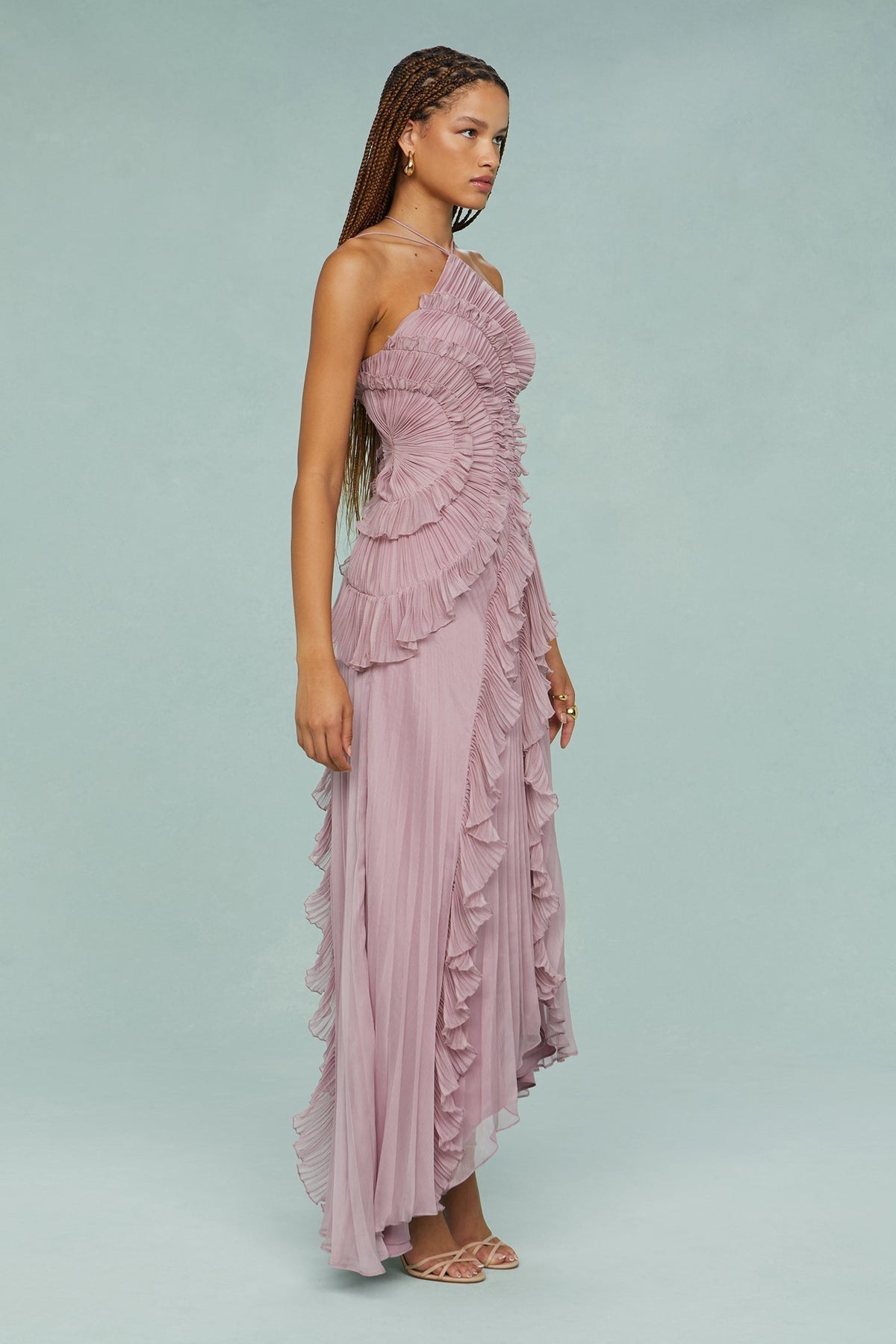 Elfriede Pleated Ruffle Halter Midi Dress