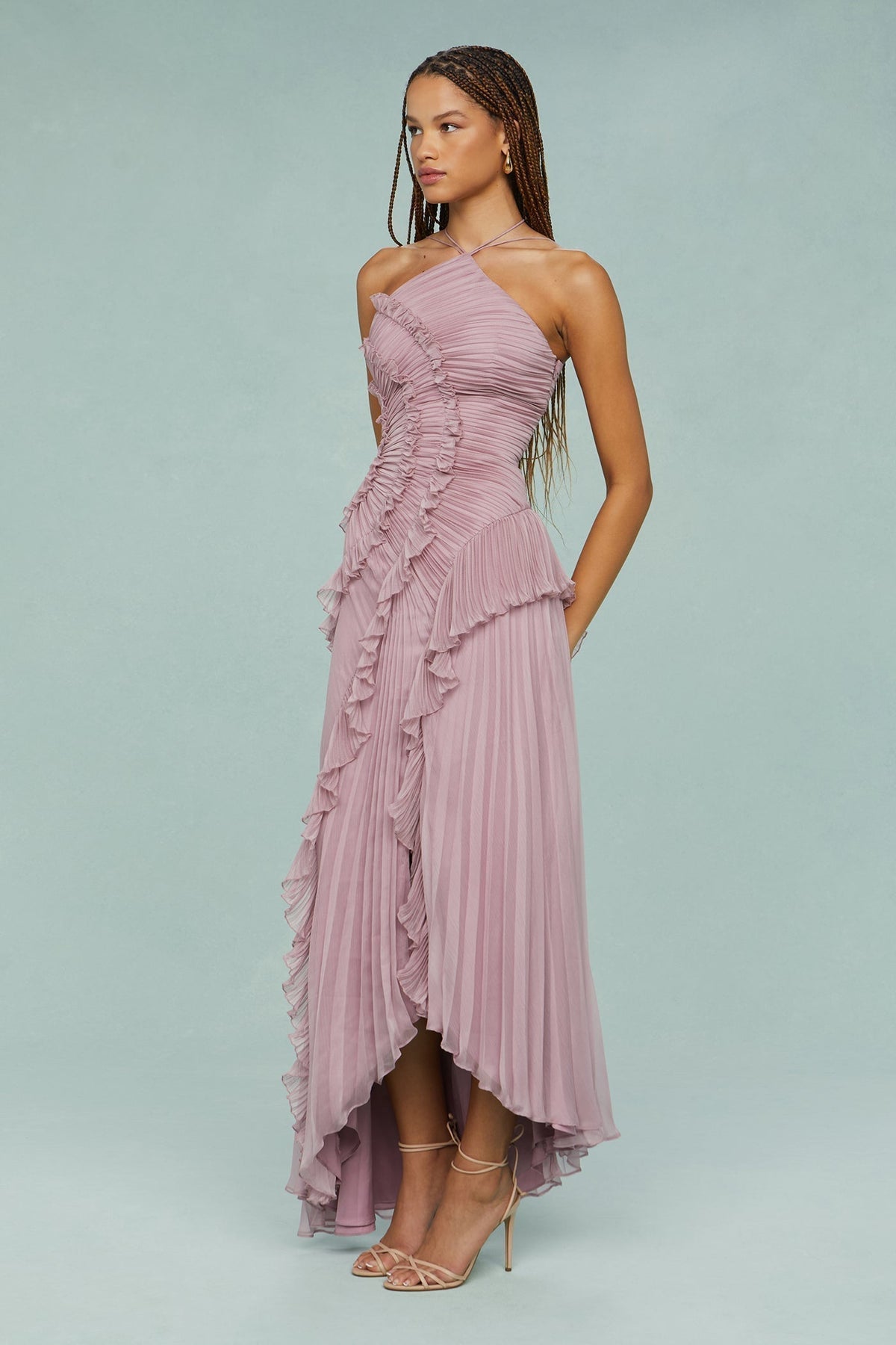 Elfriede Pleated Ruffle Halter Midi Dress