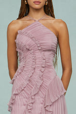 Elfriede Pleated Ruffle Halter Midi Dress