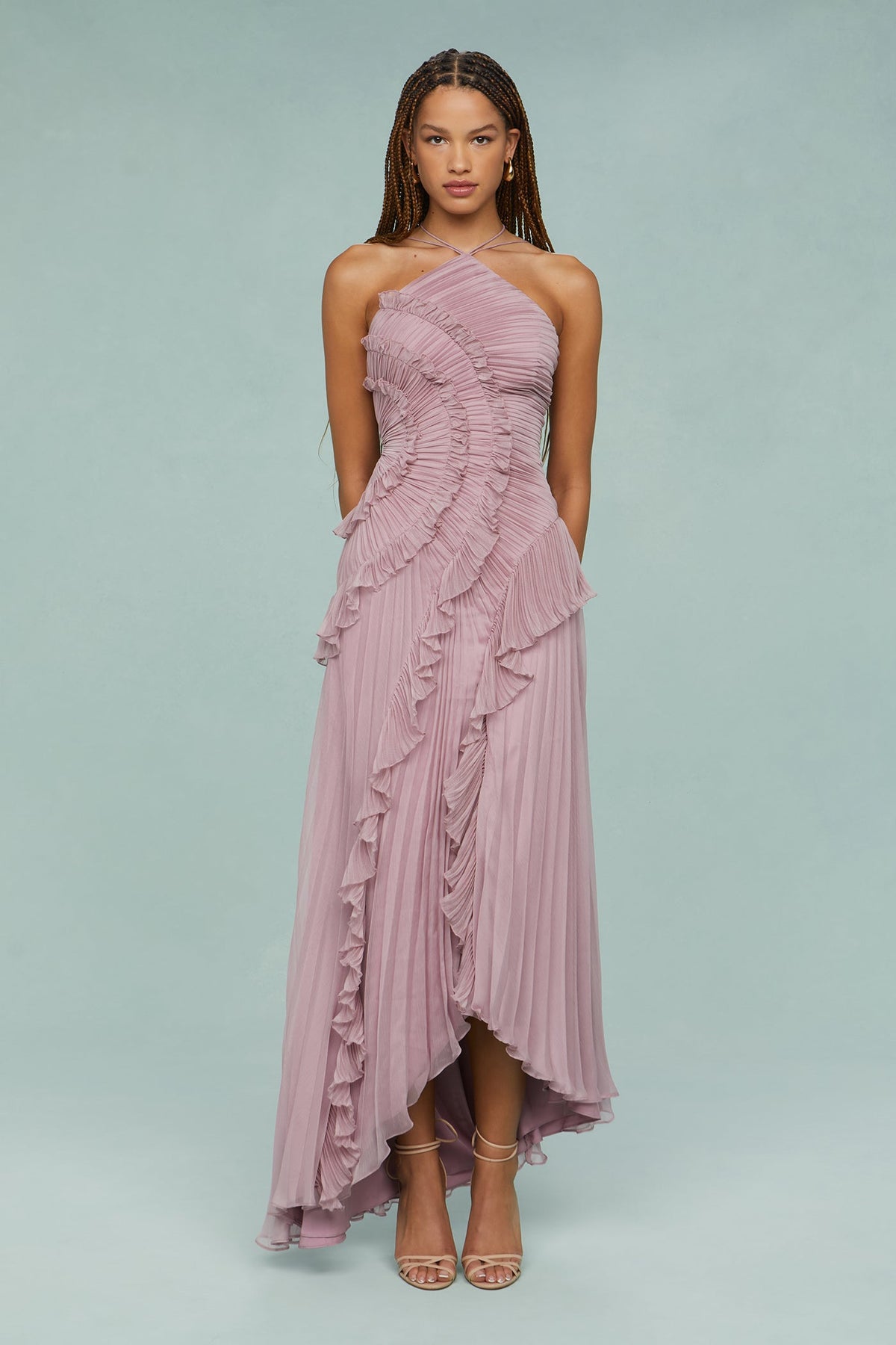 Elfriede Pleated Ruffle Halter Midi Dress