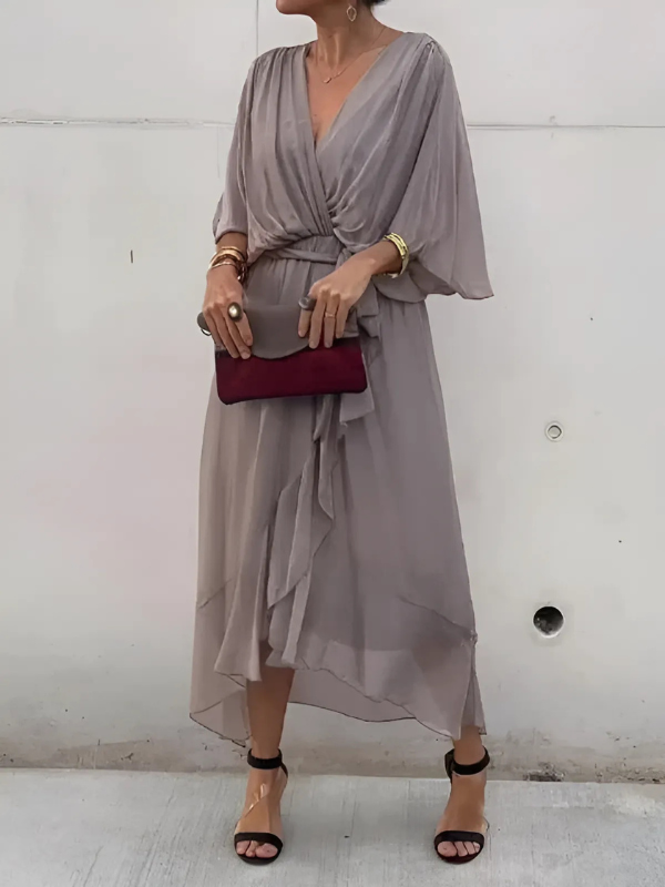 Helga Tie-Waist Midi Dress with Flutter Sleeves