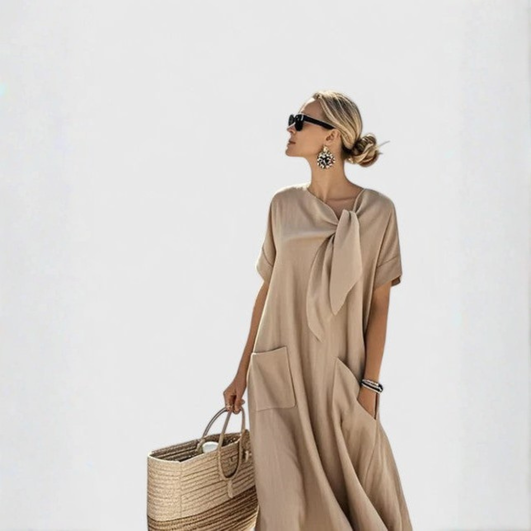 Elisa Relaxed Tie-Neck Midi Dress with Pockets