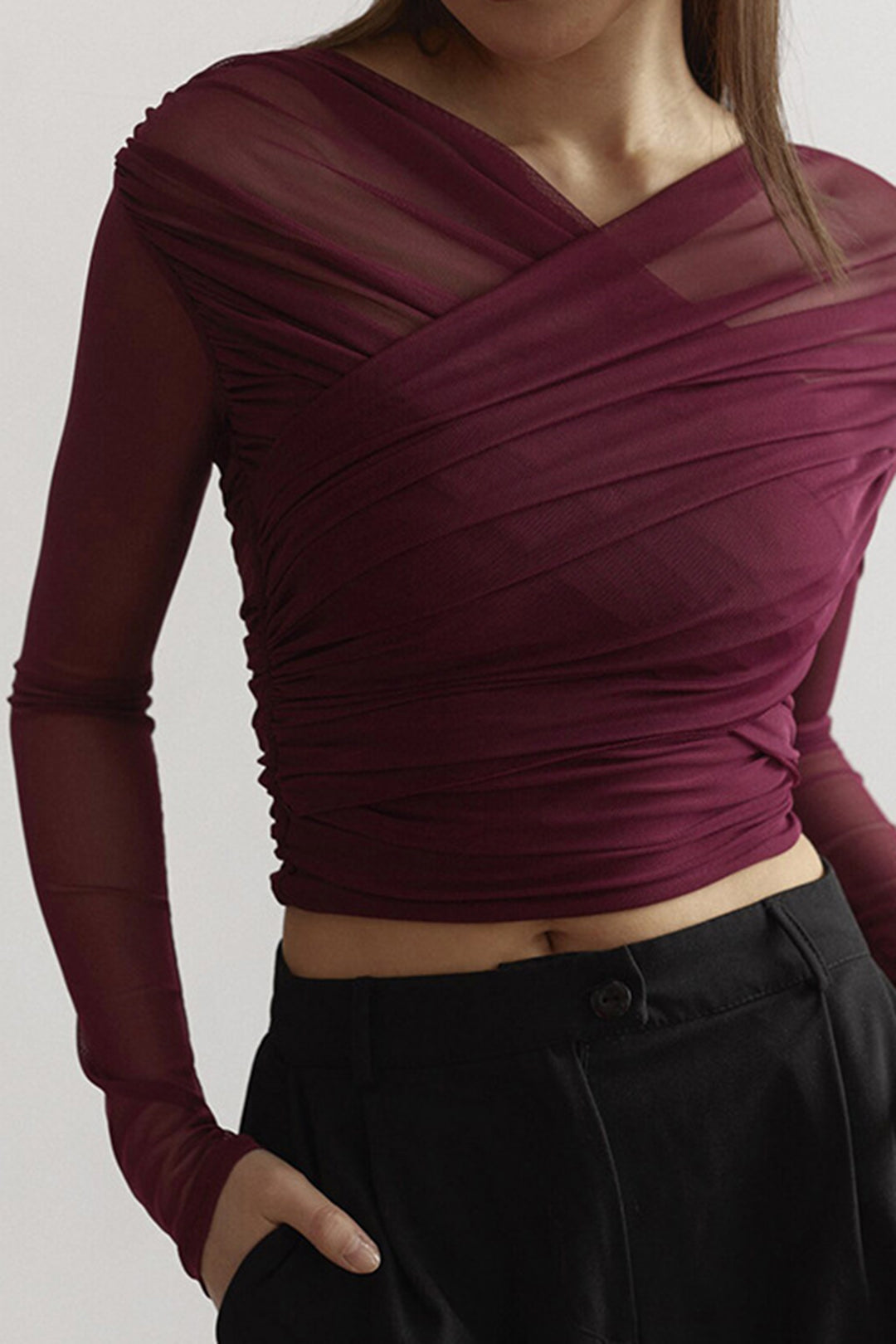 Susanne Ruched Mesh Long-Sleeve Top