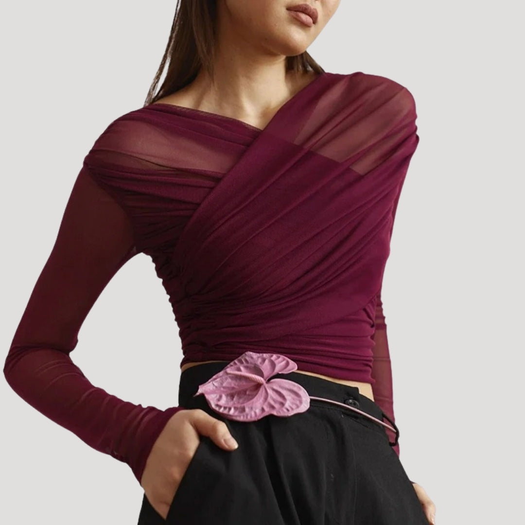 Sabina Sheer Long-Sleeve Wrap Top