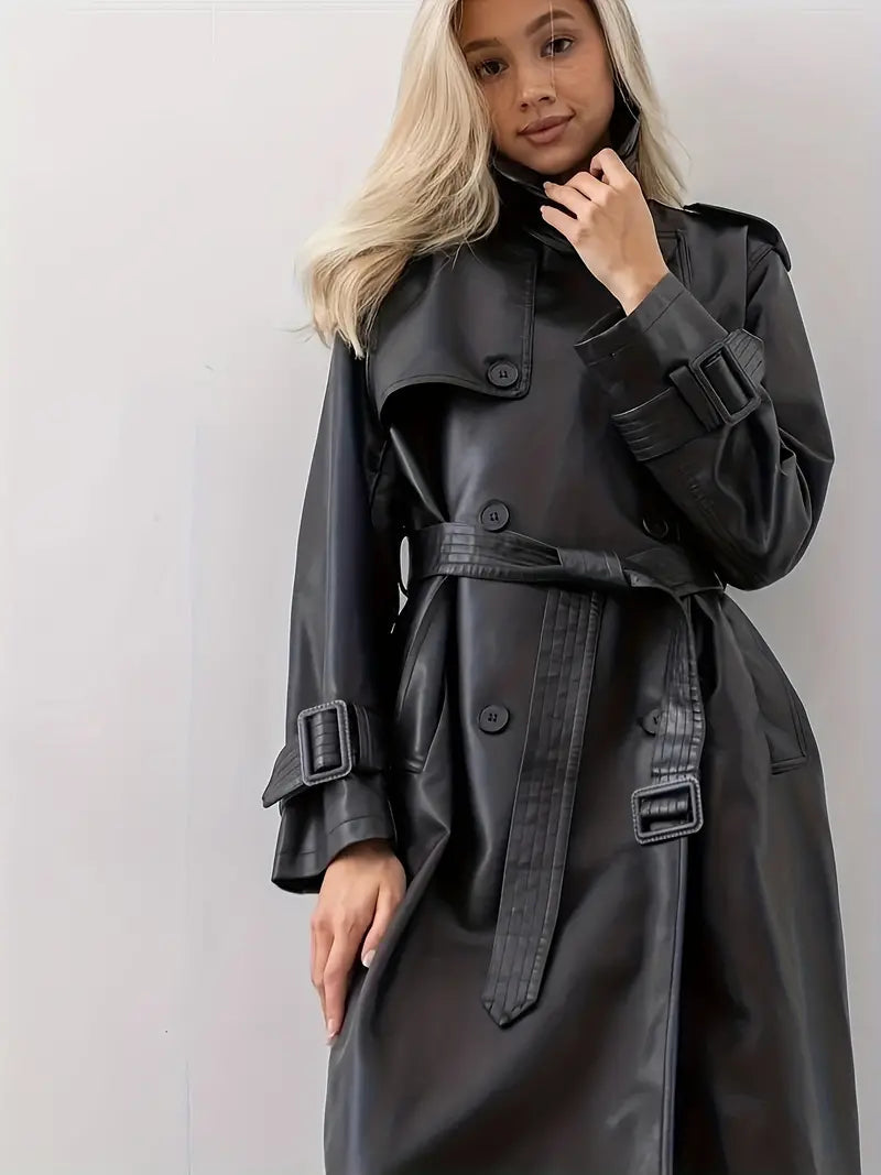 Edith Belted Long Faux Leather Trench Coat