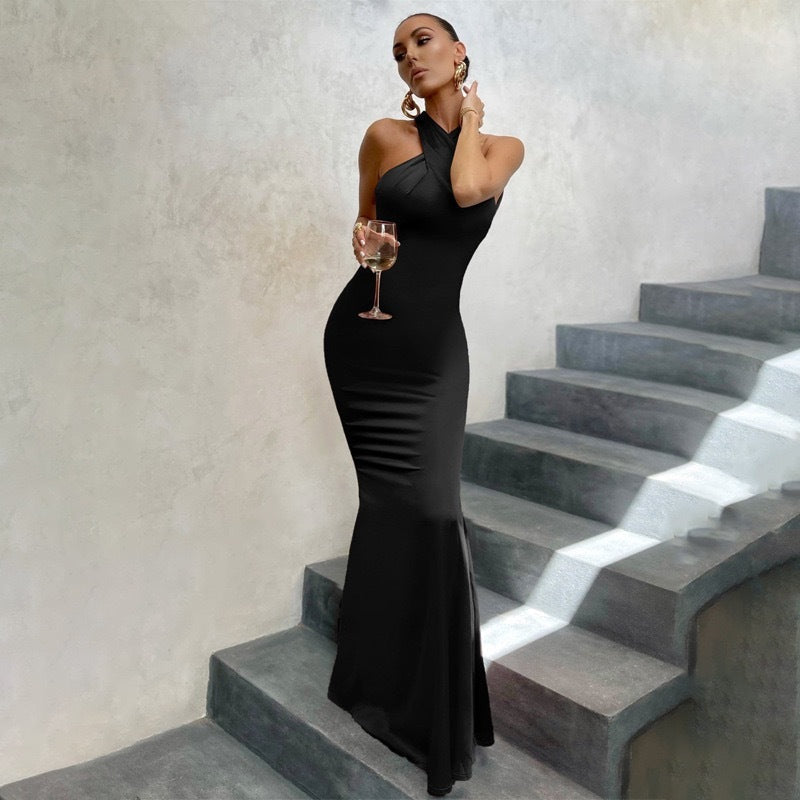 Emma Fishtail Open-Back Fitted Dress