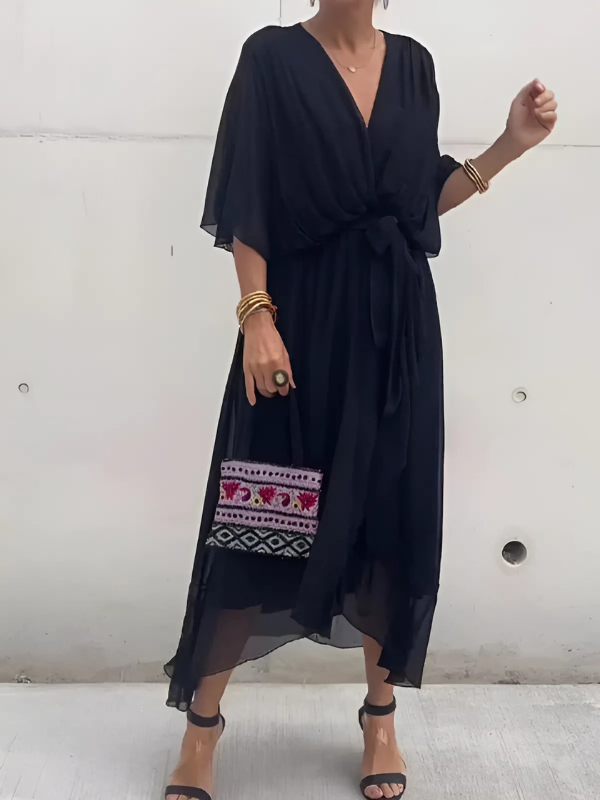 Helga Tie-Waist Midi Dress with Flutter Sleeves
