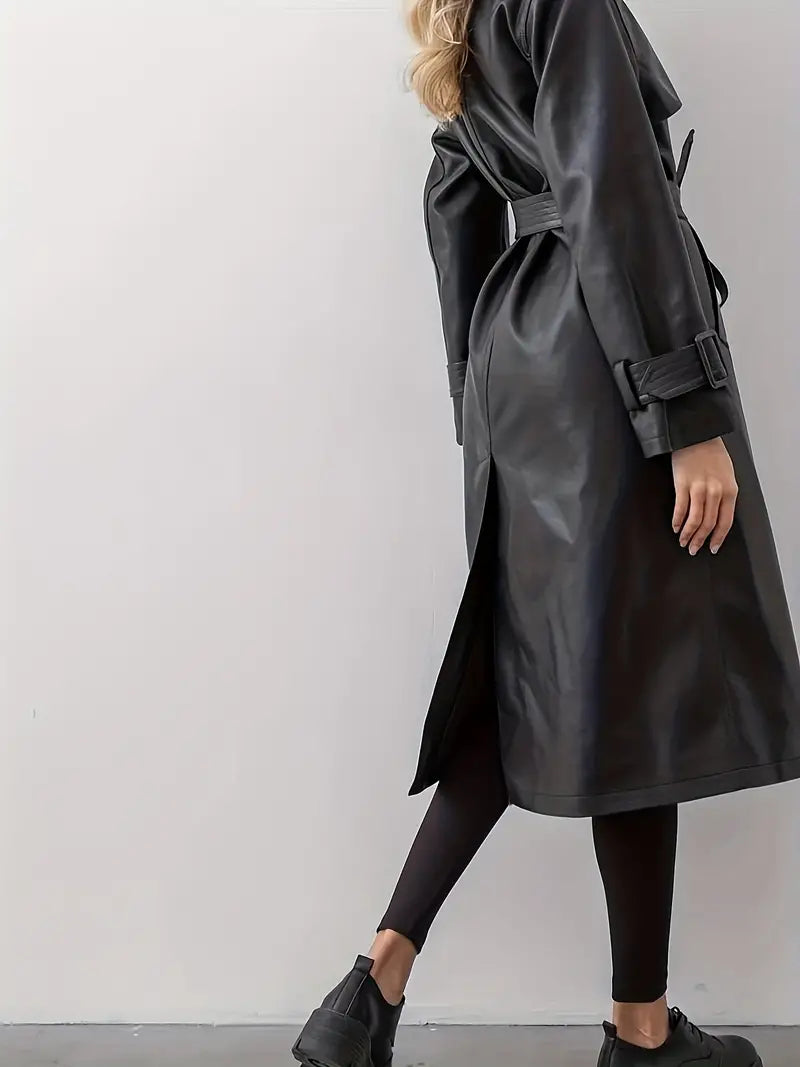 Edith Belted Long Faux Leather Trench Coat