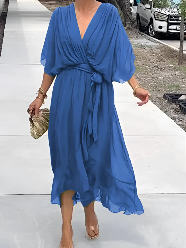 Helga Tie-Waist Midi Dress with Flutter Sleeves