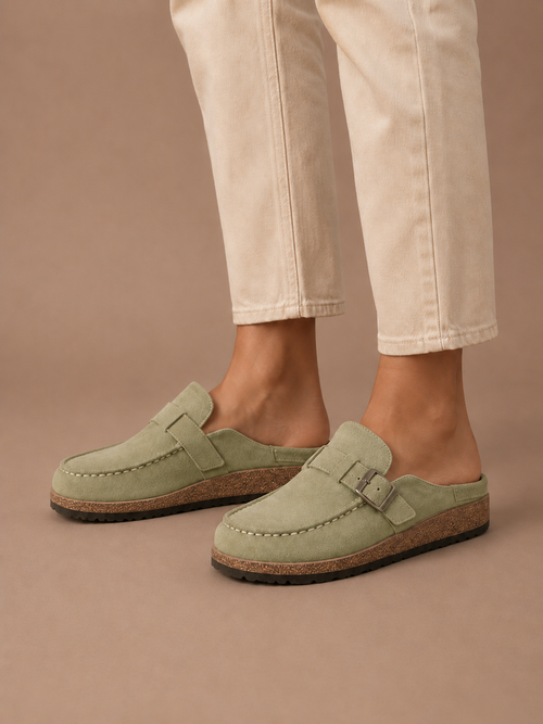Women's Suede Mule Clogs – Buckle Detail Slip-On | Areleon