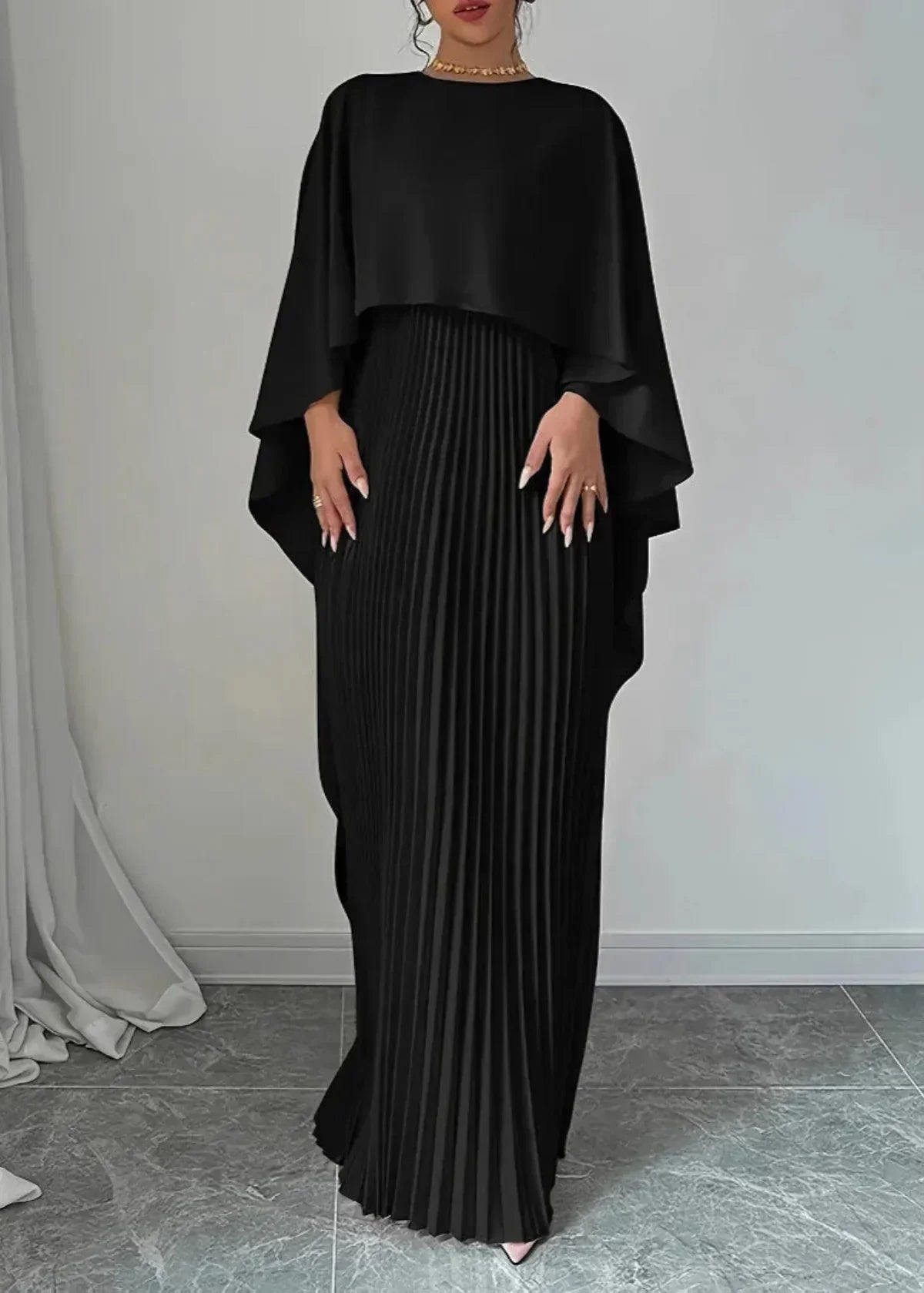 Makayla | Wedding Guest Pleated Cape Maxi Dress