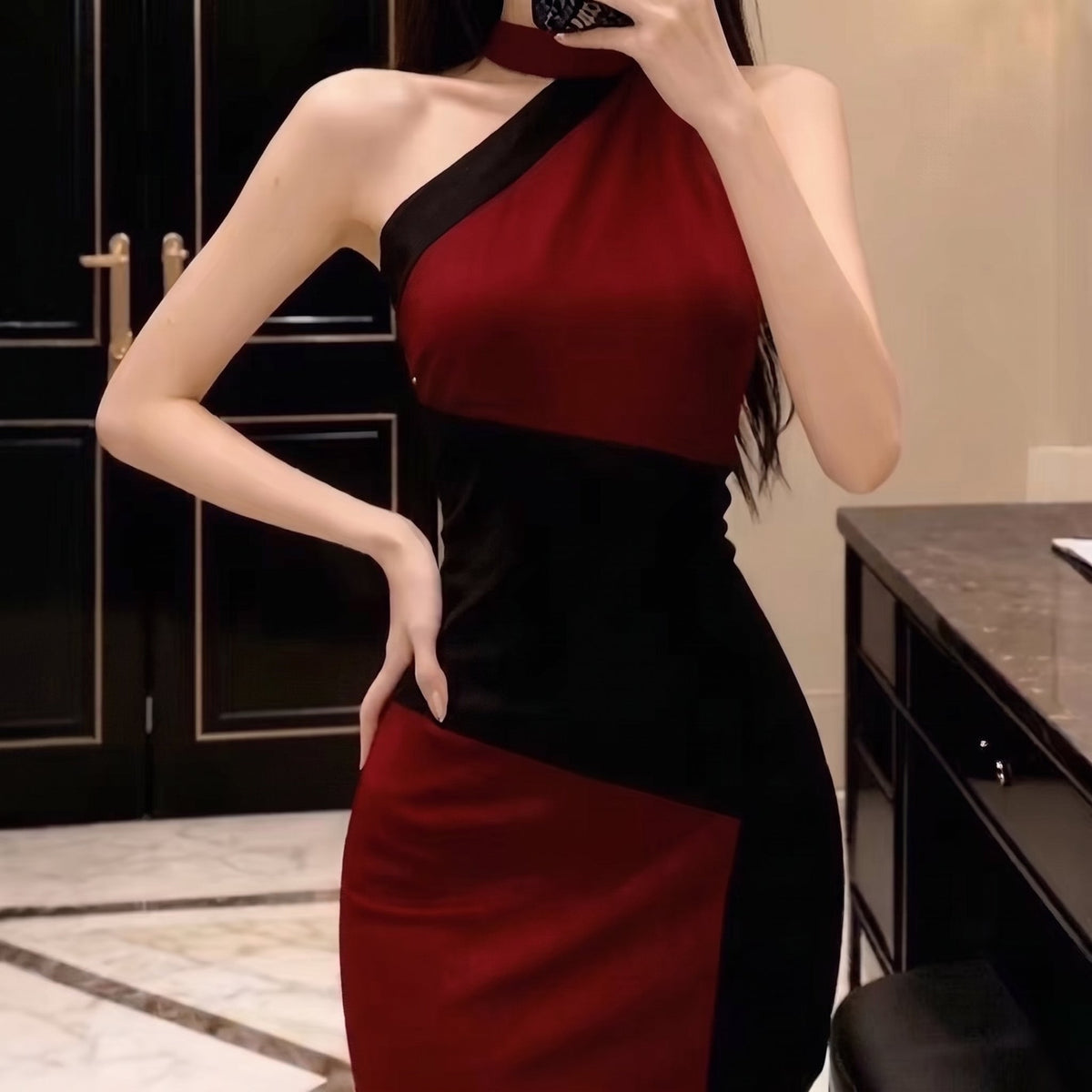 Katharina Two-Tone Halter Midi Dress