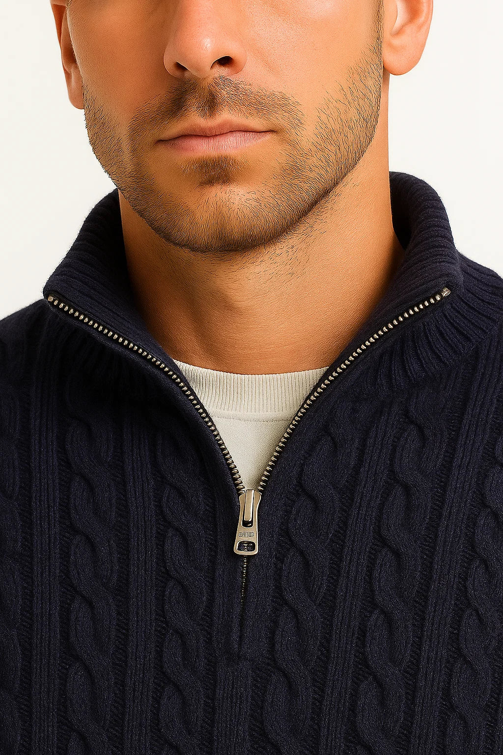 Konrad Cable Knit Zip-Collar Sweater
