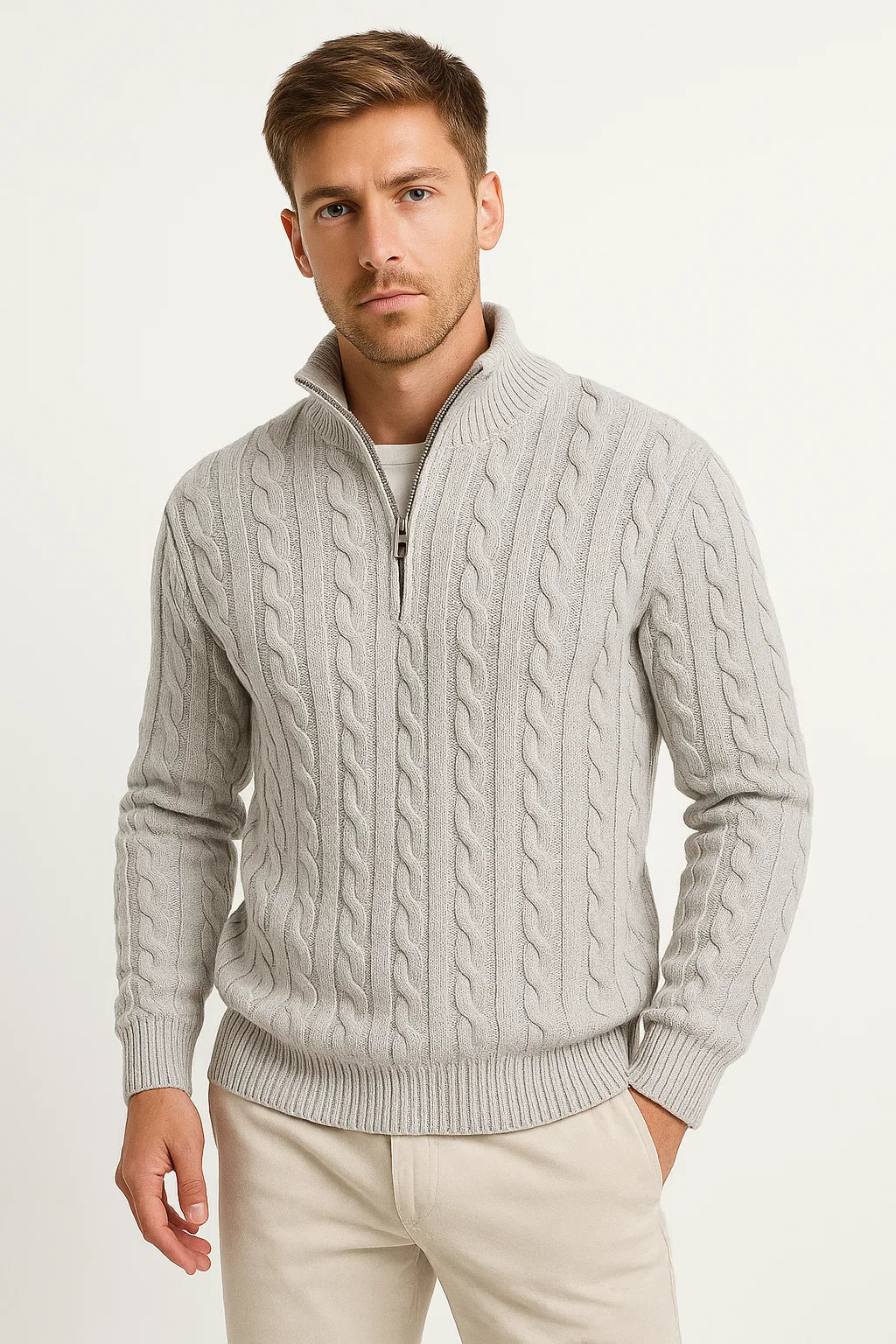 Konrad Cable Knit Zip-Collar Sweater