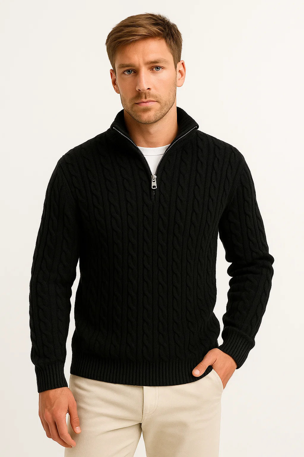 Konrad Cable Knit Zip-Collar Sweater